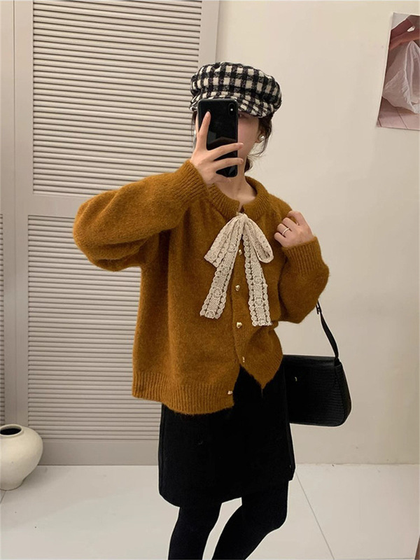 设计感蕾丝系带圆领毛衣外套女秋冬新款韩系宽松减龄针织开衫上衣|undefined