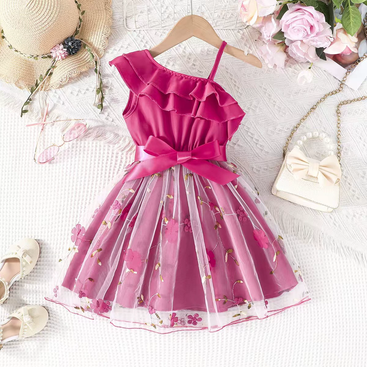Детская одежда Милый Girl Oks Shoulder Bow Net Speed Dress