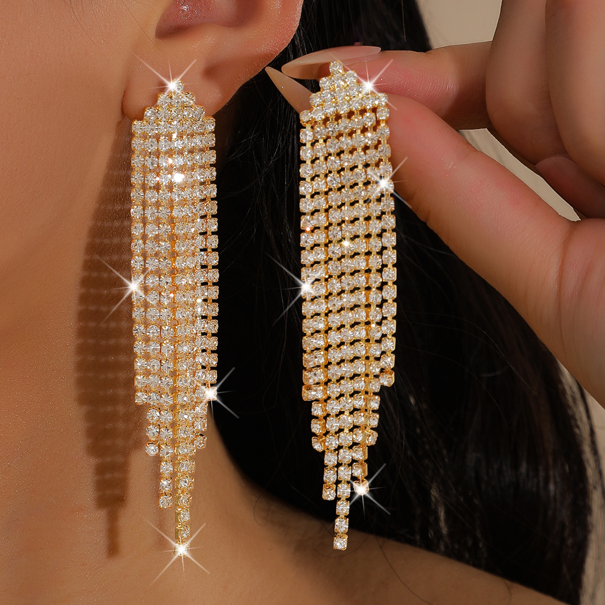 义乌批发跨境货源气质奢华长款流苏耳环女闪亮水钻耳钉耳饰