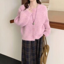 韩系简约粉色针织圆领开衫女秋冬新款毛茸茸软糯减龄洋气毛衣外套