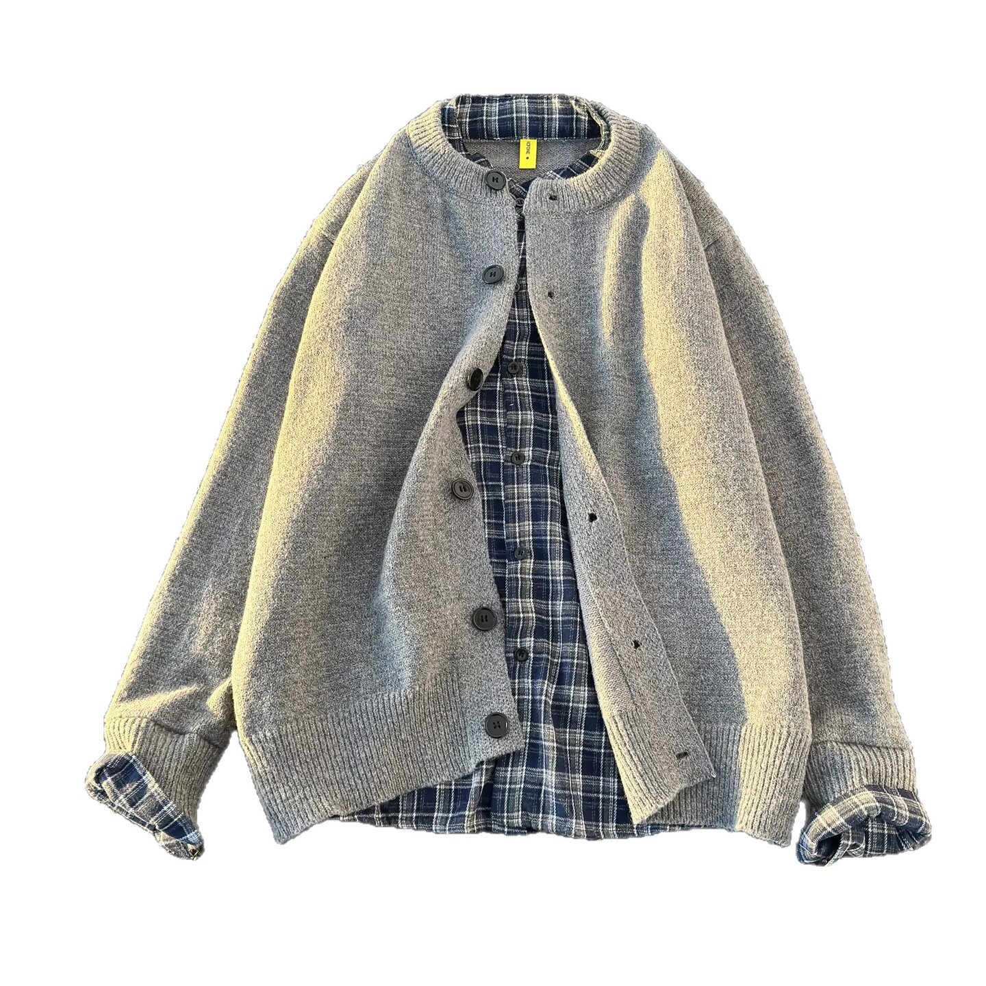 Maglione con scollo rotondo e spalle scese in stile coreano – Cardigan oversize in maglia scozzese per donna e uomo (unisex, poliestere traspirante, grigio/caffè, M-3XL)_voghion.com