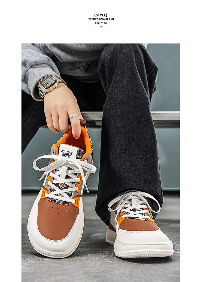 Giày sneaker cổ thấp mũi tròn rộng, đế dày tăng chiều cao, mặt da chống nước, dây buộc — Bạch tửu đỏ 8811, Trắng kaki 8811, Trắng đen 8811 chi tiết 15