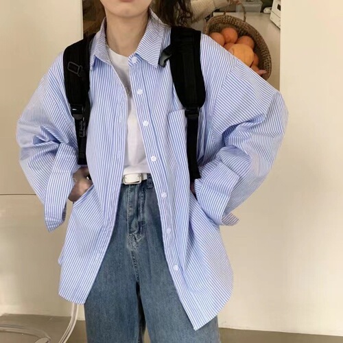 Loose large size blouse Japanese blue striped long-sleeved shirt early autumn new design niche temperament blouse