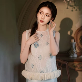 春夏国风气质钉珠绣花拼接马甲+纯色气质半裙新中式套装女 P0401
