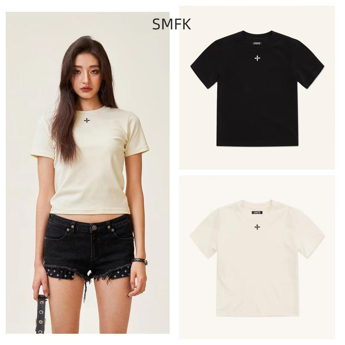 Cxccp Slim Fit Tee Stretchy Sports Regular Shoulder Black Embroidered T-Shirt Short Sleeve Women