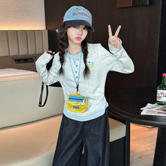 女童长袖假两件打底衫2025新款中大童韩版洋气圆领韩版上衣T恤潮
