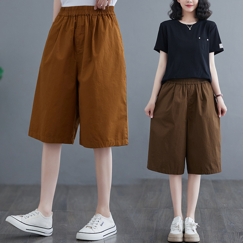 5 Colors Included 2026 Summer New Retro Cotton Loose Casual Mid-Length Pants Solid Color Versatile Elastic Waist Cropped Wide-Leg Pants