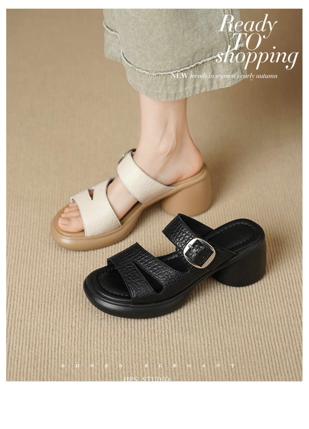 Sandal cao gót nữ hở mũi đế dày da dê 7 cm — đen chi tiết 3