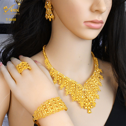 Anideal Women's 24K Gold Plated Jewelry Set for Indian Bride Marriage Necklace Earrings Ring Bracelet Set