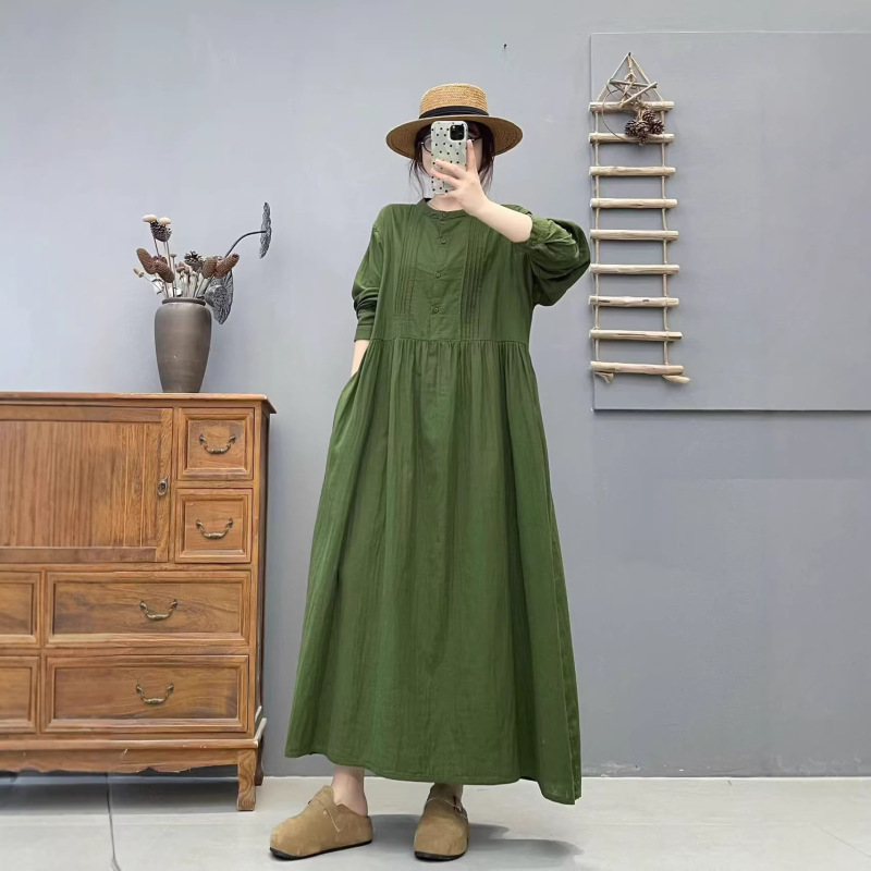 2026 Retro Double Yarn Long-Sleeved Dress with Round Neck and Half Placket, Solid Color, Extended Length, Over-The-Knee Shirt Dress, T-Shirt Long Dress 2026 Retro Double Yarn Long-Sleeved Dress with Round Neck and Half Placket, Solid Color, Extended Length, Over-The-Knee Shirt Dress, T-Shirt Long Dress