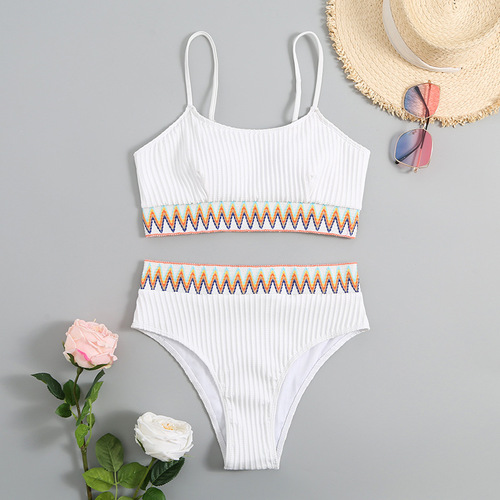  New Split Shoulder Strap Chevron Tape Bikini Swimsuit
