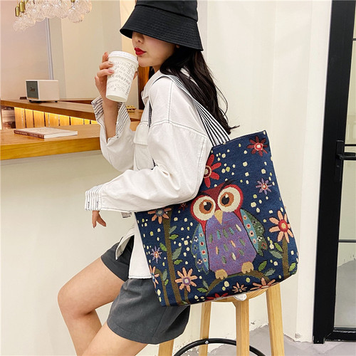Handmade Vintage Ethnic Style Large Canvas Tote Bag with Embroidery for Shopping, Fashion Single Shoulder Women's Bag from New Malaysia and Thailand
