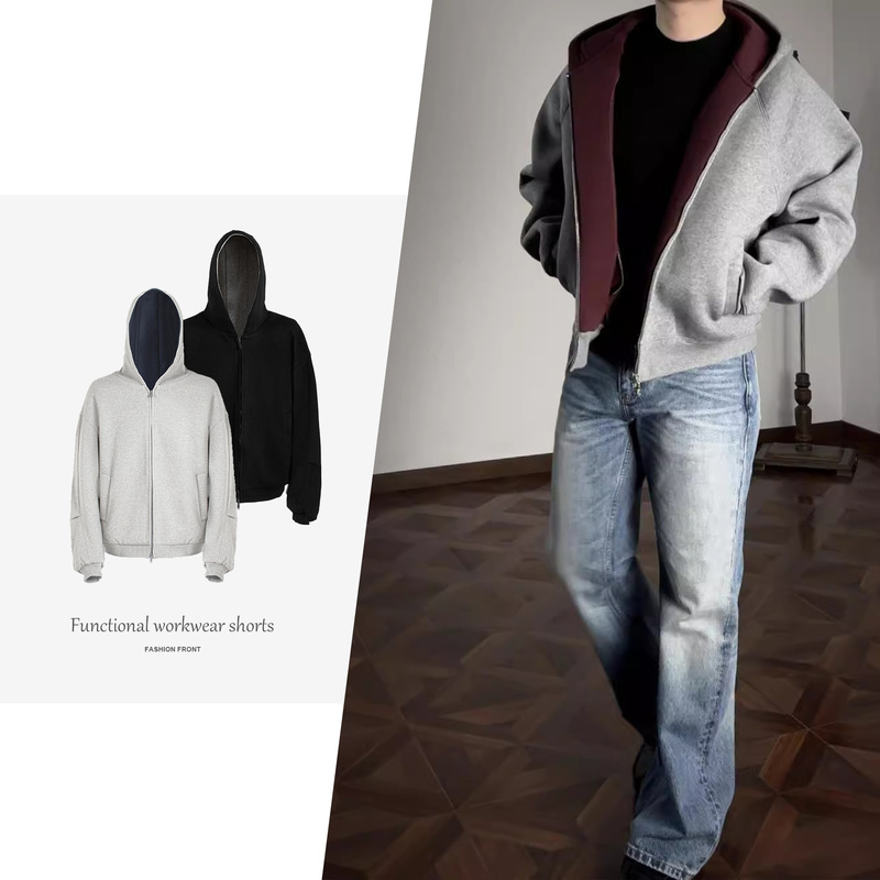 【Csmy】Oclin Heavy Air Layer Zipper Hooded Sweatshirt Cardigan Silhouette Cut Boxy Imperial Red Inner