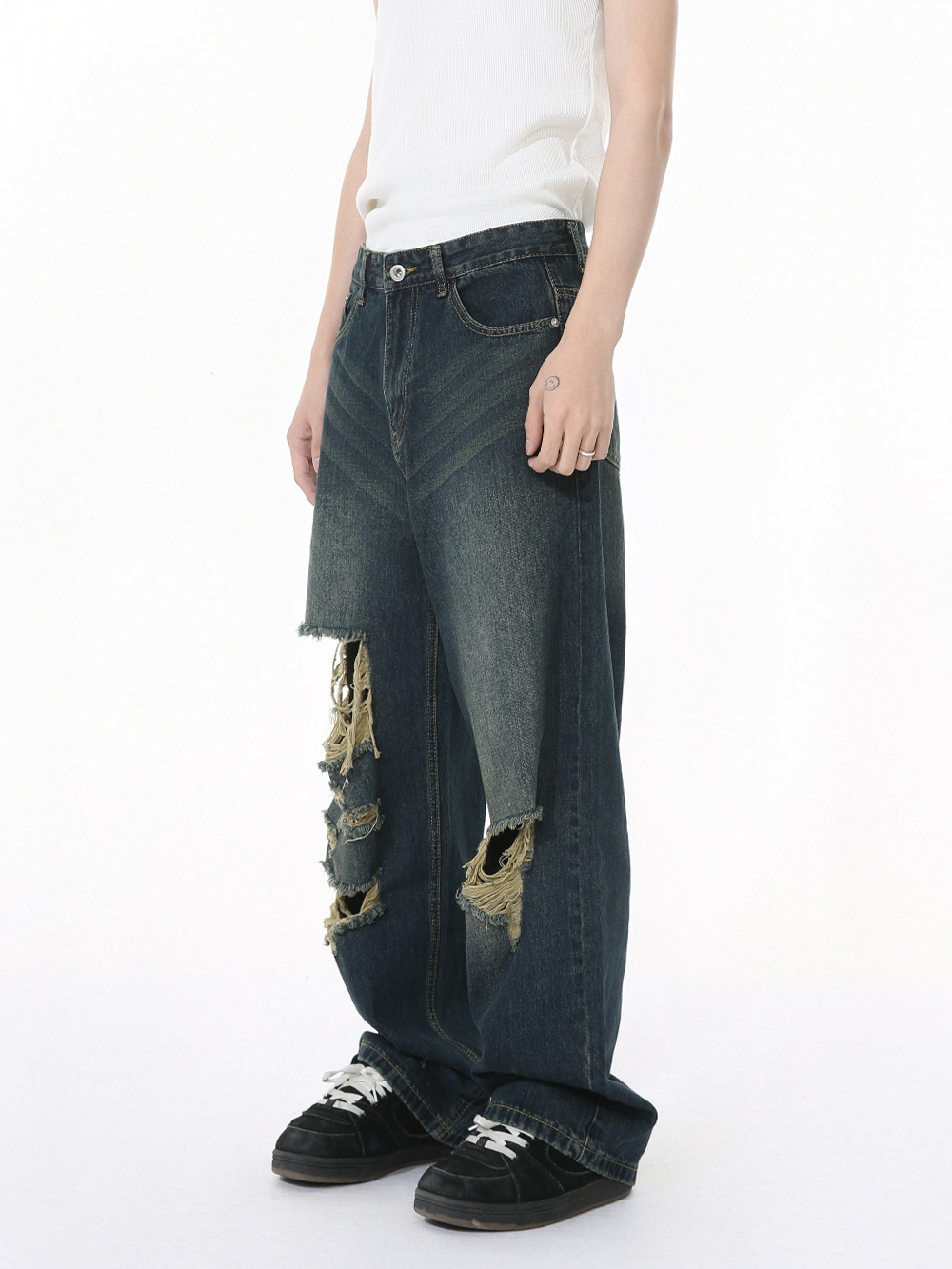 MTLCLOTHES Hombres| Nuevos productos americanos de alta calle vibe desgastado hacer viejos bordes sueltos jeans recto de moda