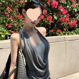 拼接假两件荡领吊带小背心女夏季修身无袖外穿设计感辣妹撞色上衣