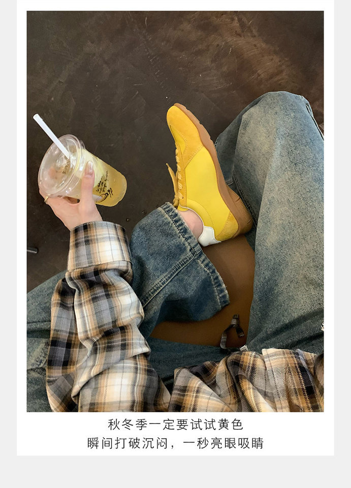 Giày sneaker nữ da bò phối màu mũi tròn dây buộc tăng chiều cao — Màu trắng nhạt, màu sô cô la, màu vàng, màu đen chi tiết 35