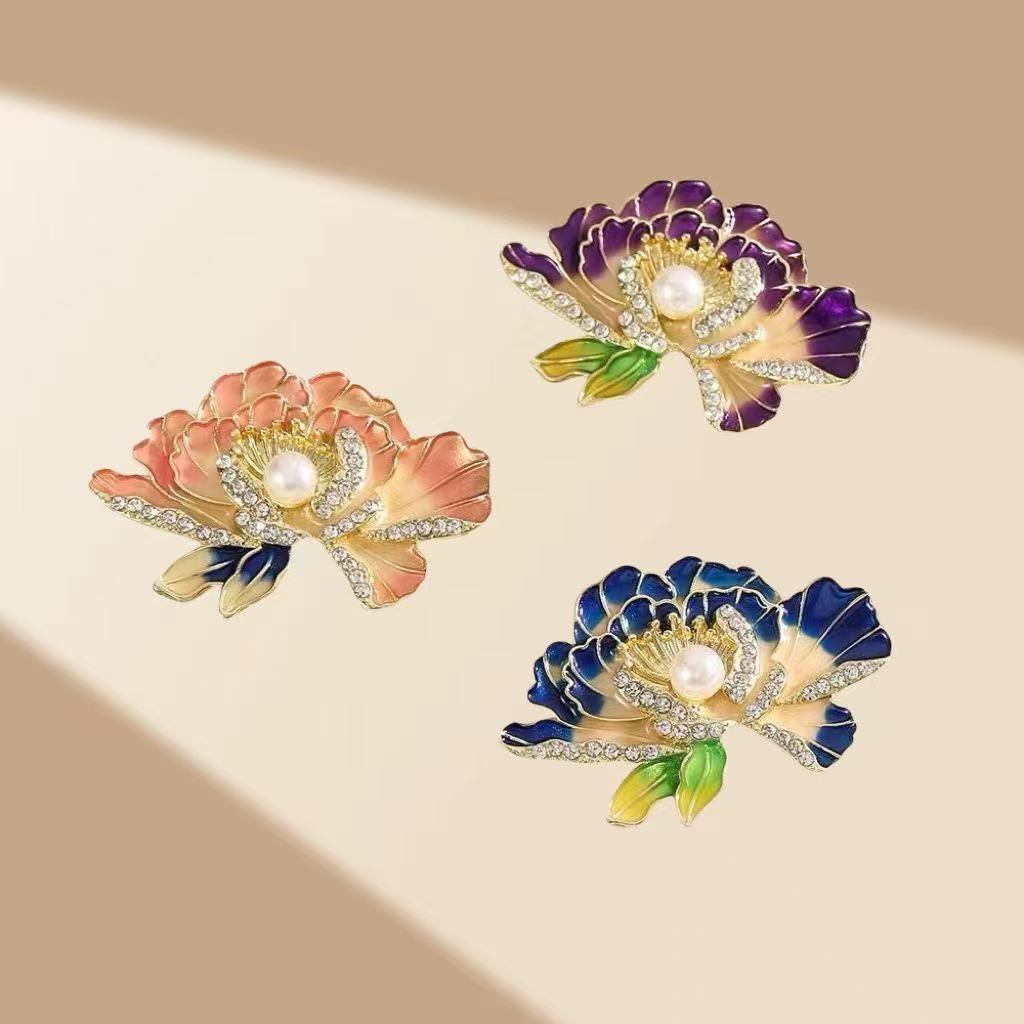 Chinese Style Inlaid Diamond Peony Rhinestone High-end Cheongsam Accessory Brooch Pin Anti-exposure Buckle_voghion.com