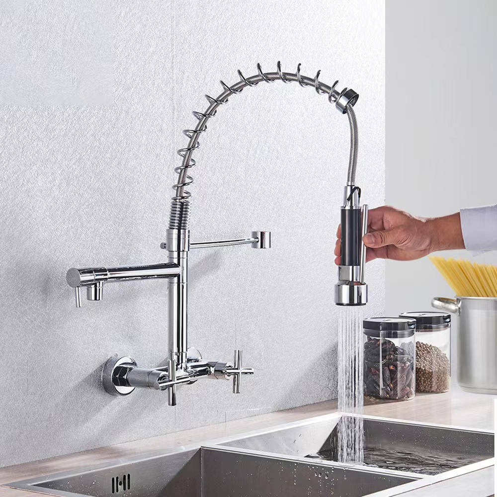 Ousapai semi-copper wall-mounted hot and cold exposed spring kitchen faucet, wall-mounted double-handle spring faucet undefined