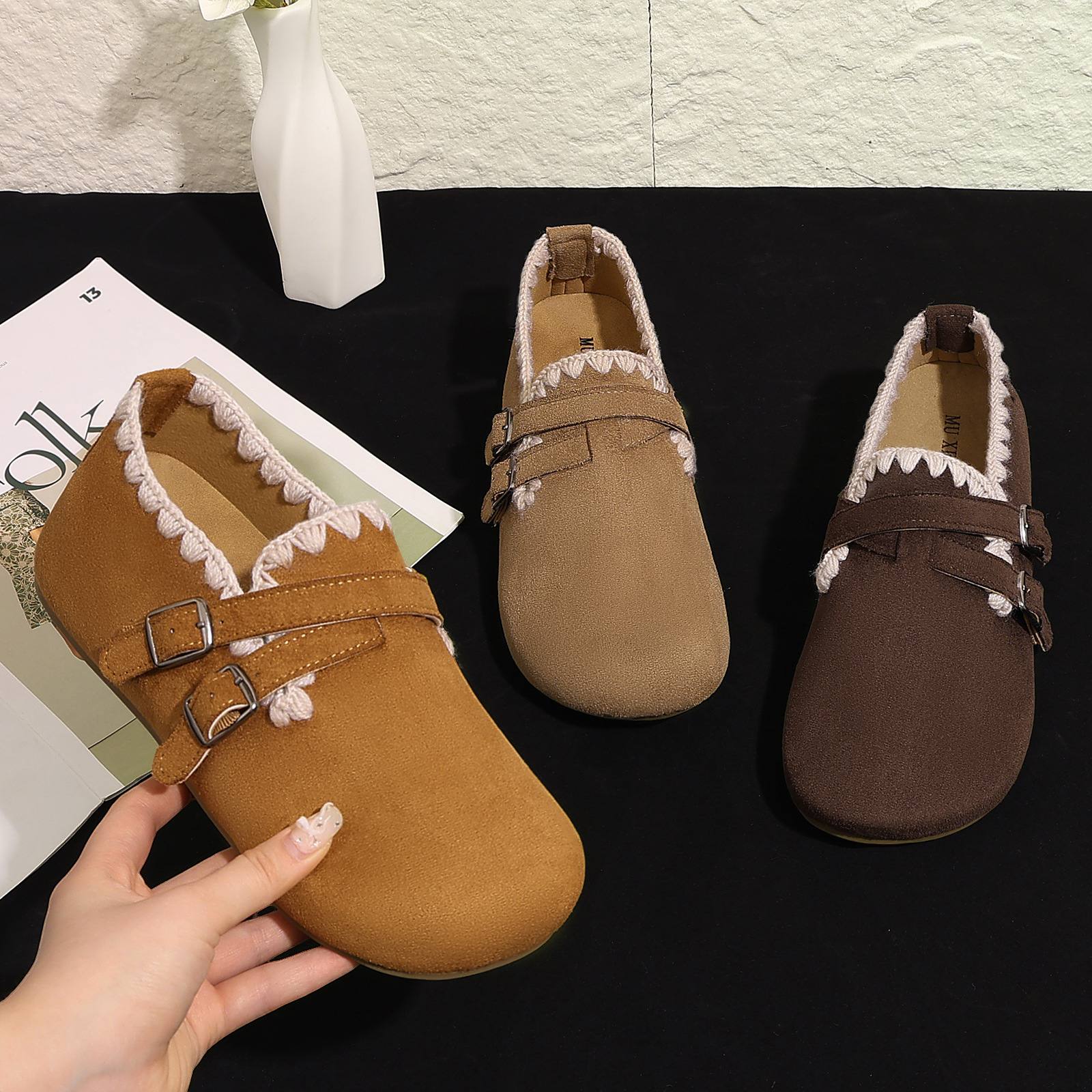 Bocken zapatos de lana trenzada bolsas de tacones cómodos zapatos casuales de un pie perezoso primavera ligero zapatos de frijoles
