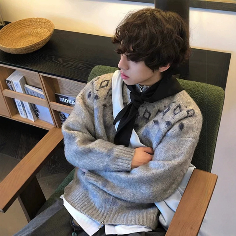 Diamond-Shaped Fair Isle Sweater Men's Autumn and Winter Lazy High-End Knitted Cardigan Heavy Jacquard Zipper Sweater Jacket