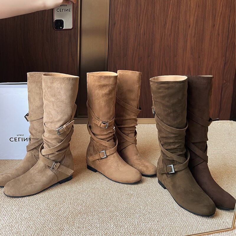 7cm Height Increase ~ Fashionable Cross-Strap Flat Western Boots, Round-Toe Mid-High Knight Boots, Long Boots, Women's Slouch Boots 7cm Height Increase ~ Fashionable Cross-Strap Flat Western Boots, Round-Toe Mid-High Knight Boots, Long Boots, Women's Slouch Boots