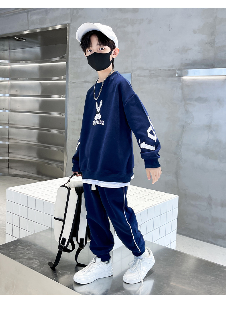 Spring and Autumn Set, Big Boys 2023 New Leisure Children's Rabbit Printed Sweater Two Piece Set Trendy_voghion.com