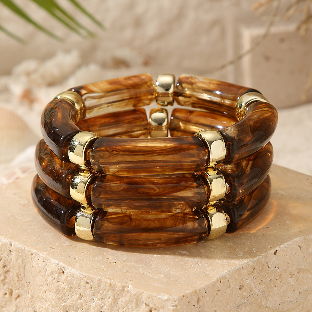 Nuevos productos transfronterizos retro europeos y estadounidenses de bambú tubo acrílico cuentas pulsera de cuerda elástica multicapa para mujeres 3 piezas de brazalete image 16