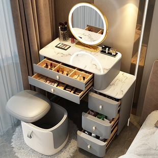 Solid Wood Rock Slab Dressing Table with Integrated Storage Cabinet for Bedroom, Modern Minimalist Style, Small Apartment Trendy Ins-Style Makeup Table