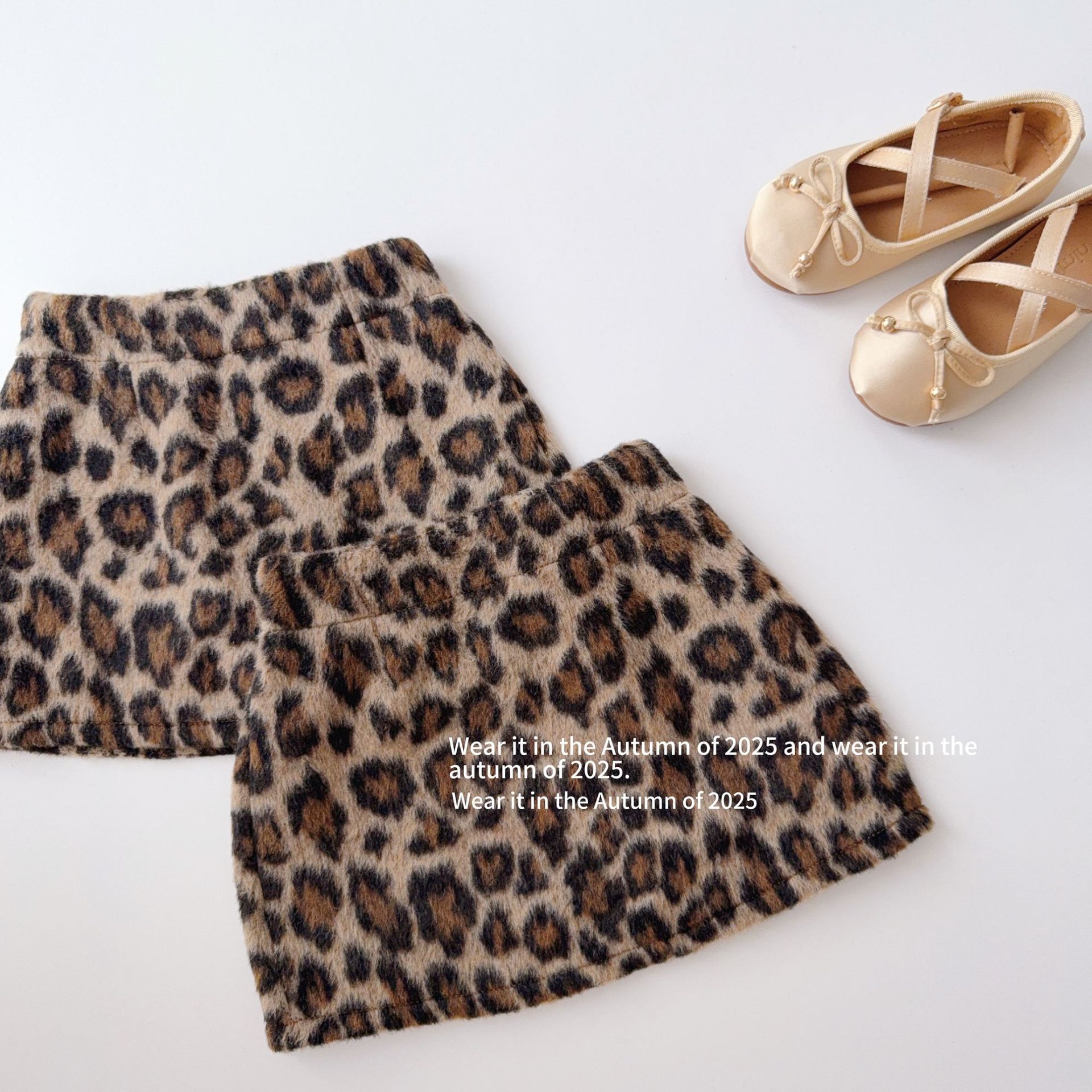 2025儿童美式复古豹纹呢子半身裙A字裙 女童秋冬高腰辣妹毛呢短裙