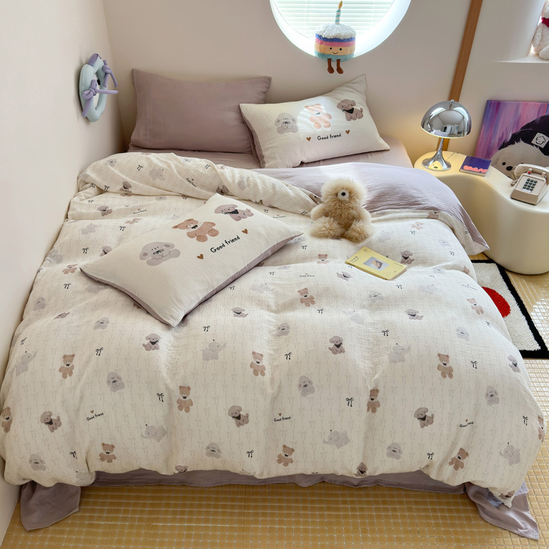Youyixin juego de cuatro piezas de dibujos animados de doble capa de gasa arrugada impresión digital juego de tres piezas de algodón kit de algodón sábana edredón