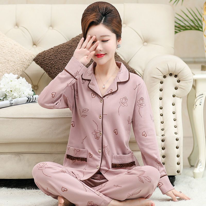 Middle-Aged and Elderly Women's Spring and Autumn Cotton Long-Sleeve Pajamas, Plus Size for Mothers, 100kg Mom-Style Home Wear Set