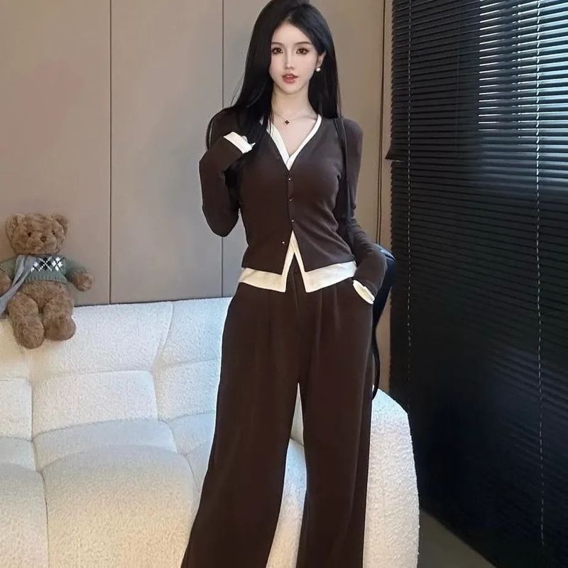大码套装女2025春秋新款时尚设计感假两件小香风上衣阔腿裤两件套|undefined
