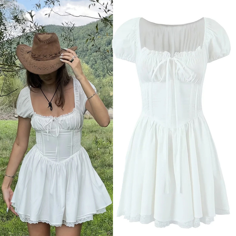 SAW AliExpress Independent Station Low-cut Pure Waist dress Bubble Sleeve Princess Dress Travel Lace-edge Skirt SAW AliExpress Independent Station Low-cut Pure Waist dress Bubble Sleeve Princess Dress Travel Lace-edge Skirt