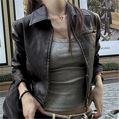 美式复古Polo领皮衣外套女秋冬新款百搭休闲显瘦机车风PU皮夹克