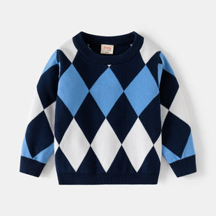 Boys' Pullover Sweater in Stock Wholesale 25 Autumn and Winter New Children's Classic Diamond Jacquard Knit Pullover
