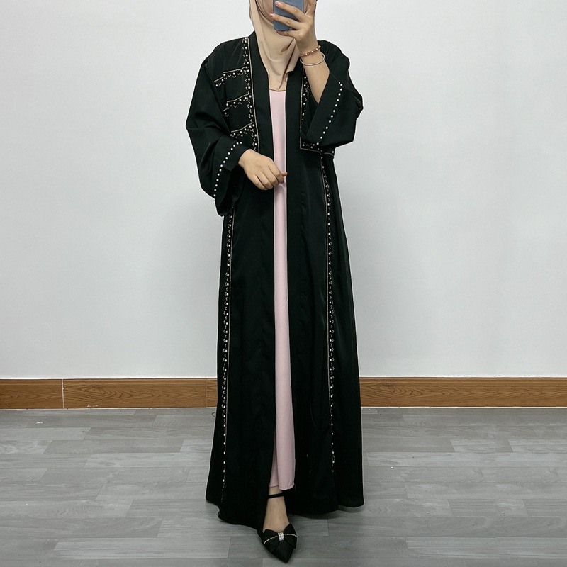 F332 Cross-Border Foreign Trade Women's Long Dress Middle East Dubai Embroidered Lace Pearl Beaded Cardigan Robe In_ecoleips.com