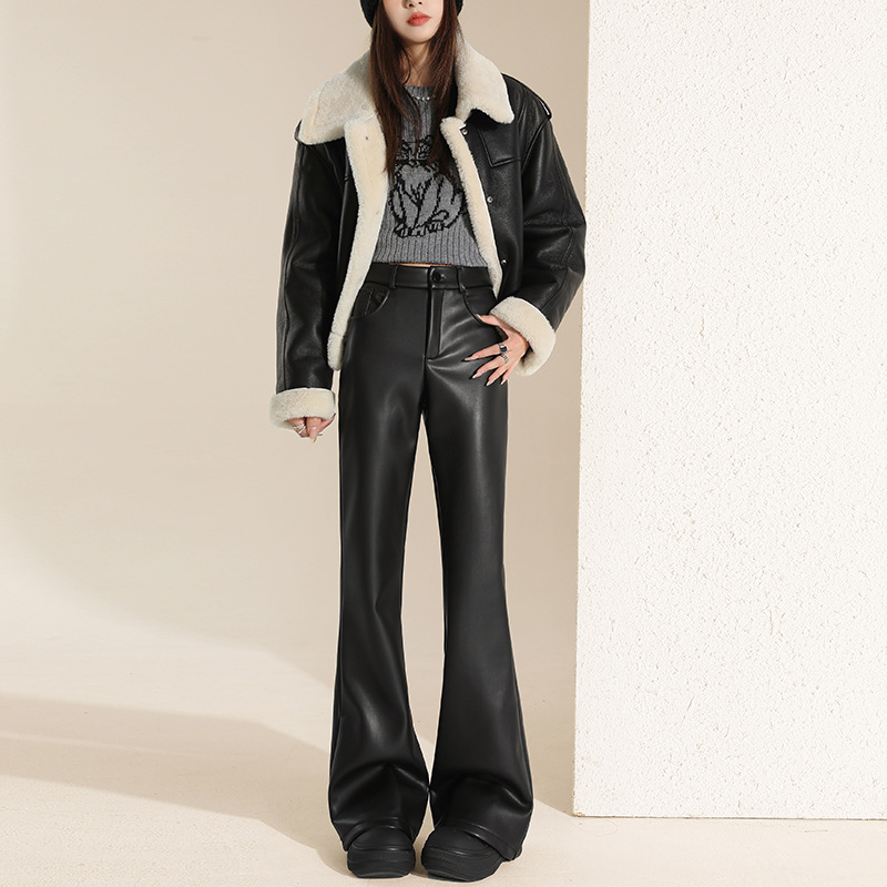 American-Style Spicy Girl Biker Style Pu Leather Flared Pants for Women, 2026 Spring New Trendy Cool Commuter Flared Leather Pants