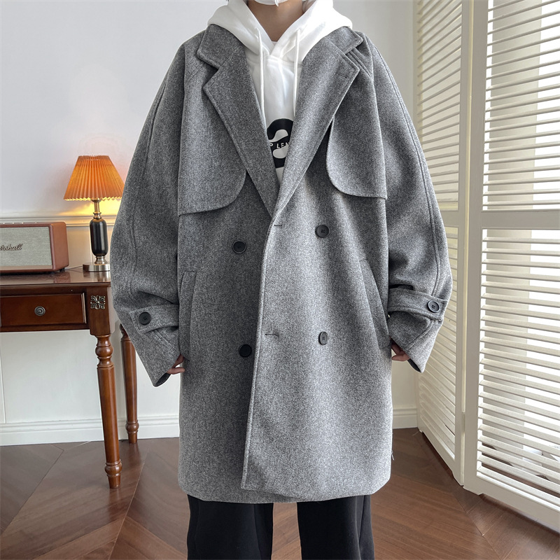 Abrigo de lana de los hombres de moda ins Otoño e Invierno suelta estilo británico Yupi trench coat de lana de moda engrosada abrigo de longitud media