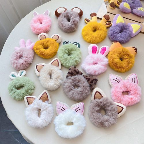 Children's Plush Large Intestine Hair Tie for Autumn/Winter, Cartoon Hair Ring, Ear Hair Ties, Ponytail Hairband, Rubber Bands, Hair Accessories with Plush Hair
