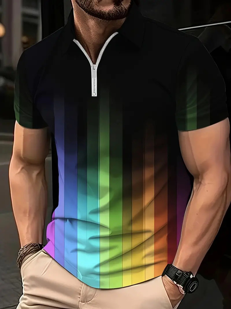 Venta caliente transfronteriza nueva impresión de degradado 3D de verano de gran tamaño casual para hombre suelto código europeo cremallera polo manga corta