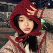 狼外婆红色护耳帽摇粒绒可爱包头女冬天保暖防寒防风毛绒雷锋帽女