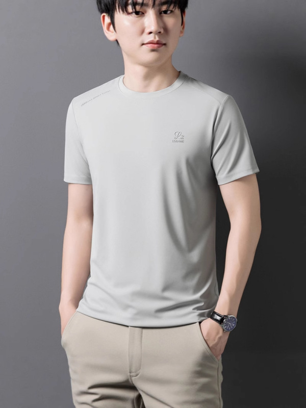 ラウンドネック夏メンズ半袖新しいルーズトレンディカジュアル半袖ファッションアイスシルククールメンズTシャツドロップシッピング|undefined