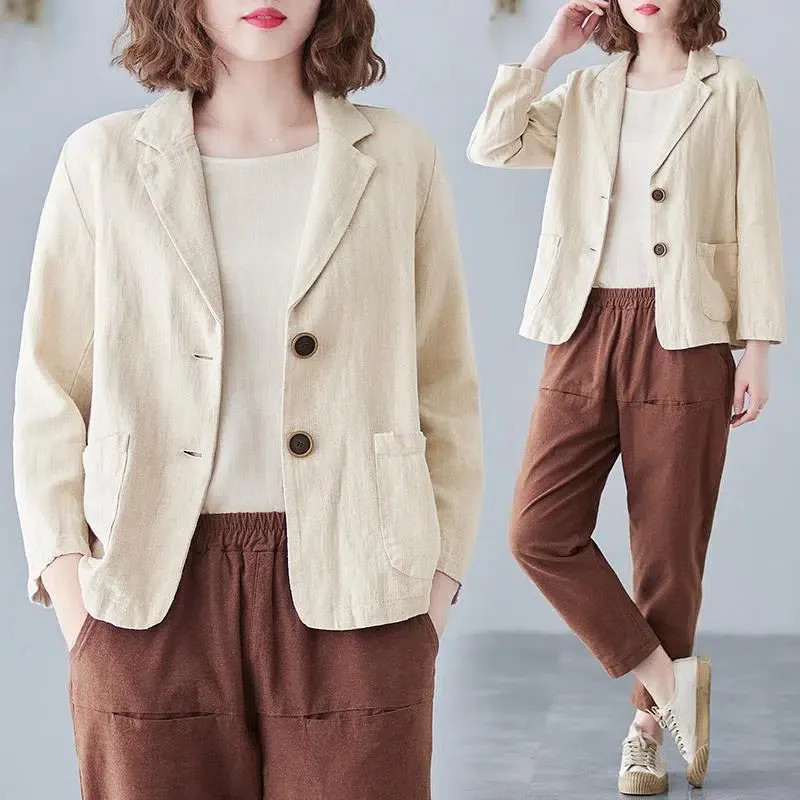 Cotton and Linen Suit Short Outwear for Women 2023 Spring New Style Literary Large Size Loose Casual Long-Sleeved Small Suit Top