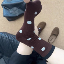 复古摩卡棕波点袜秋冬新款撞色罗口中筒袜无骨软糯堆堆袜搭勃肯鞋