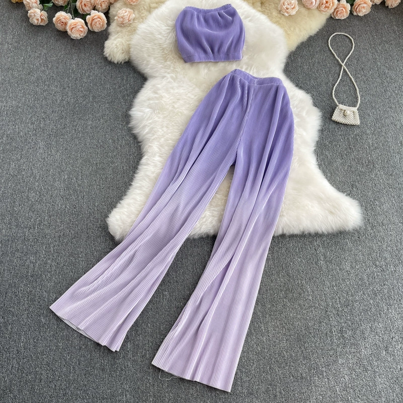 Чистый красный уличный костюм женский летний новый сексуальный топ-топ дикий градиентный цвет широкие брюки модный набор из двух частей