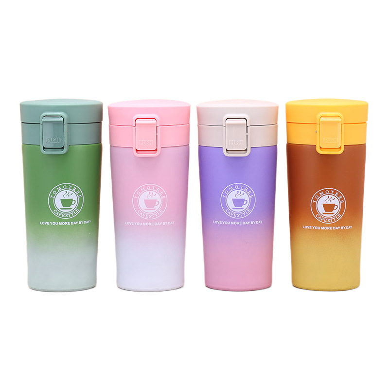 Taza térmica de acero inoxidable 304 con tapa abatible, diseño degradado, ideal para café o té.