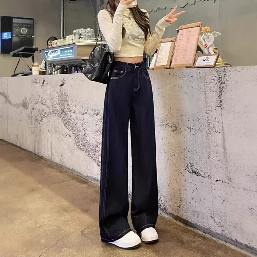 丹宁蓝直筒牛仔裤女春秋2025年新款小个子高腰宽松复古窄版阔腿裤