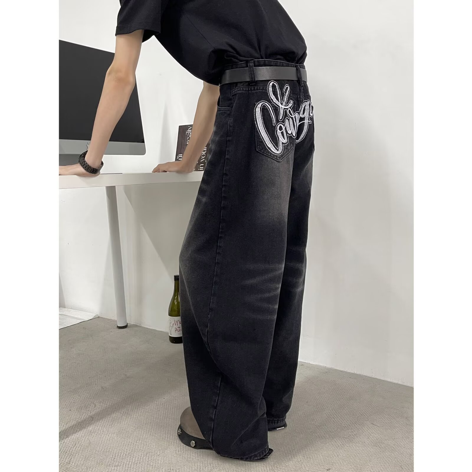 Men's American Vintage Black Saber-Cut Jeans – High Street Drop-Crotch Wide Leg Pants (S-3XL, Heavyweight Washed Denim)_mkmklike.com
