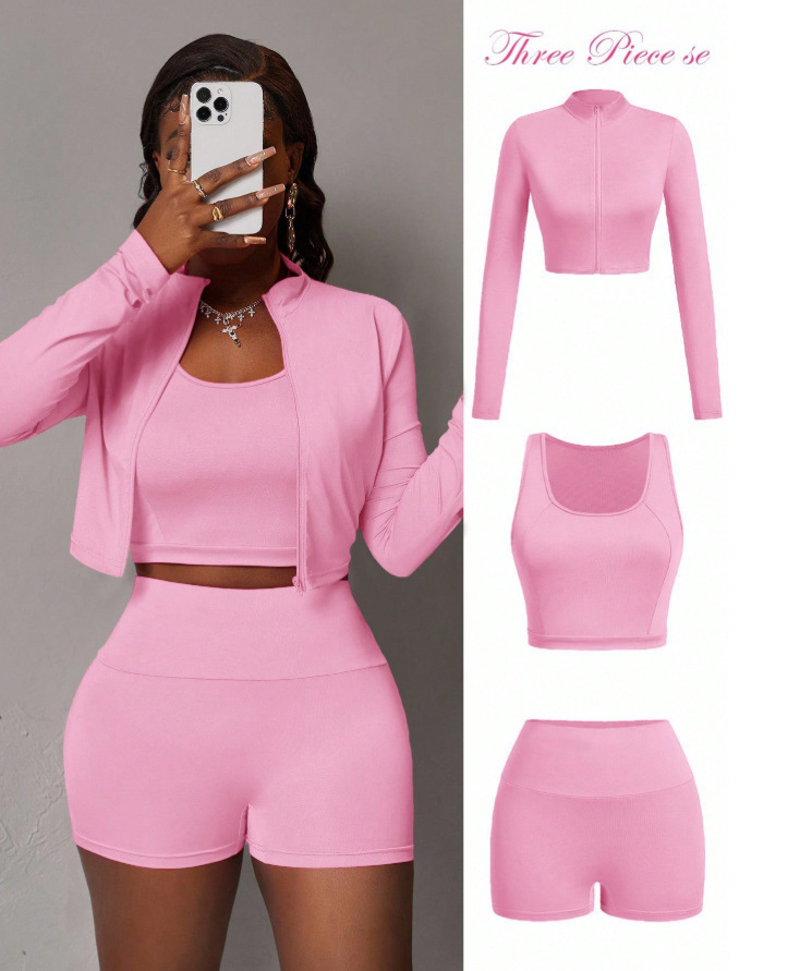 Rosa de manga larga con cremallera, pantalones cortos de cintura alta de tres piezas para mujeres, set de deportes casuales de estilo europeo y americano. image 7