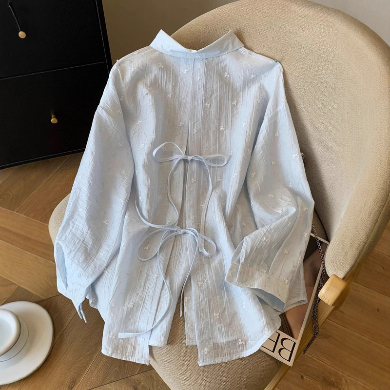 Blue Butterfly Sun Protection Shirt Jacket for Women, Summer Thin Outerwear Cardigan Shirt with Hollow Back, Lazy Style Top